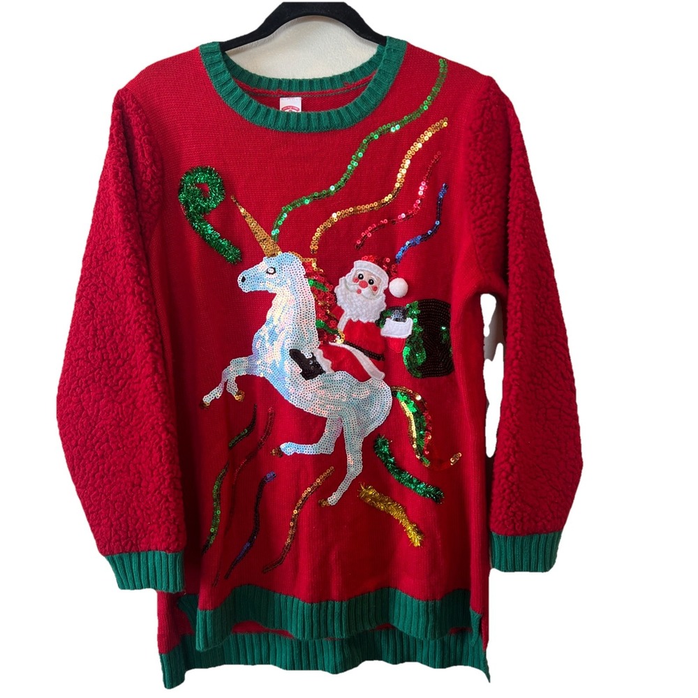 Christmas Ugly Sweater Women 0X/14W Santa Unicorn Sparkle Sequins Red‎ Green GUC